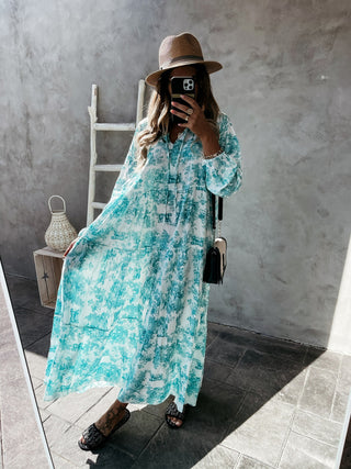 Women's Printed Long Sleeve Ruffled Maxi Dress