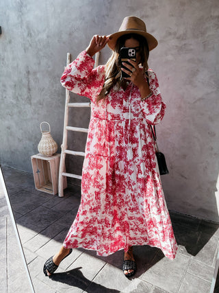 Women's Printed Long Sleeve Ruffled Maxi Dress