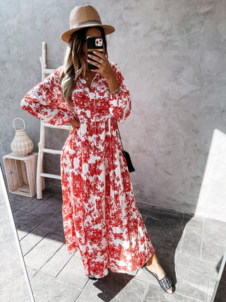 Women's Printed Long Sleeve Ruffled Maxi Dress