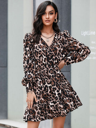 Women's Leopard Print Long Sleeve Front Button Faux Belted Mini Shirtdress