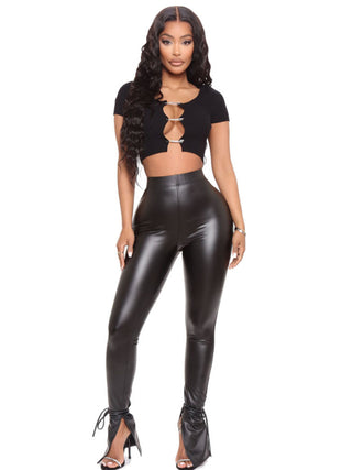 Women's Vegan Leather Pants With Adjustable Suspender Straps And Slit
