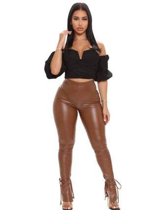 Women's Vegan Leather Pants With Adjustable Suspender Straps And Slit