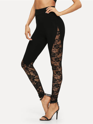 Women's Solid Color Lace Panel Stirrup Leggings