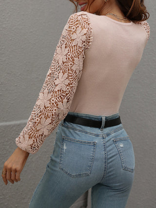 Women's Solid Color Embellished Lace Sleeve Sweater