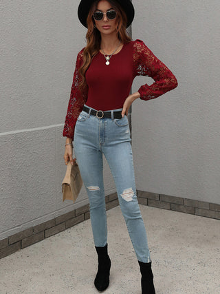 Women's Solid Color Embellished Lace Sleeve Sweater