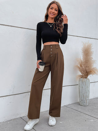 Women's Solid Color High Waist Button Fly Wide Leg Trousers