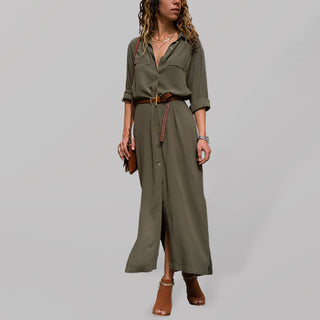 Women's Solid Color Long Sleeve Midi Shirtdress