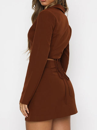 Women's Solid Color Slit Tie Skirt Two-piece Set