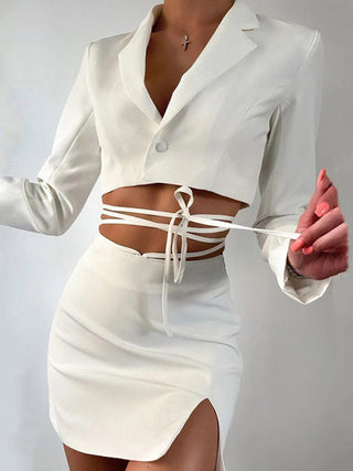 Women's Solid Color Slit Tie Skirt Two-piece Set