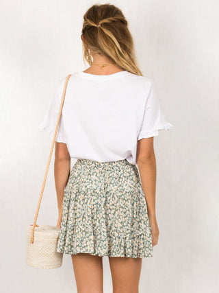 Women's Solid Color Tiered Ruffle Waist Tie Mini Skirt