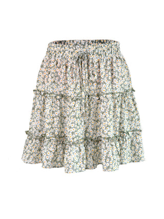 Women's Solid Color Tiered Ruffle Waist Tie Mini Skirt