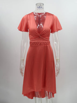 Women's Solid Color Twist Front Cutout Flutter-sleeve High Low Midi Dress