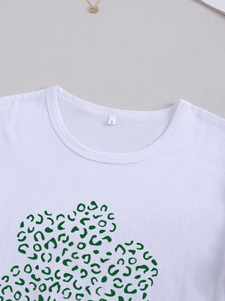 Women's Crew Neck Graphic Printed Dotted Short Sleeve Four-leaf Clover T-shirt