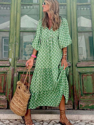 Women's Geometric Print Puff-sleeve Maxi Dress