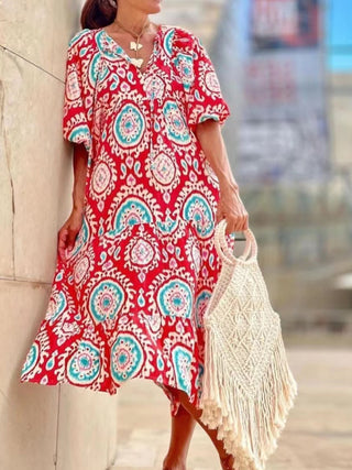 Women's Geometric Print Puff-sleeve Maxi Dress
