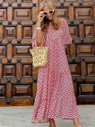 Women's Geometric Print Puff-sleeve Maxi Dress
