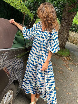 Women's Geometric Print Puff-sleeve Maxi Dress