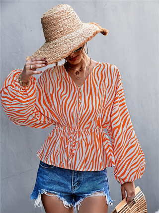 Women's Single Breasted V-Neck Zebra Print Top