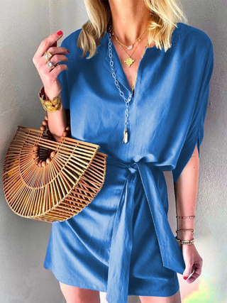 Women's Solid Color V-neck Short Sleeve Waist Tie Blouson Dress