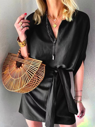 Women's Solid Color V-neck Short Sleeve Waist Tie Blouson Dress