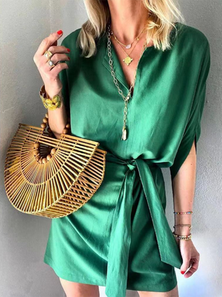 Women's Solid Color V-neck Short Sleeve Waist Tie Blouson Dress