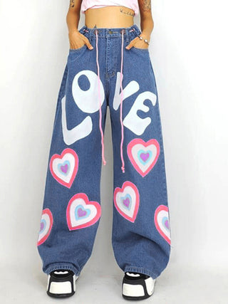 Women's Contrasting Color Heart Graffiti Print Loose Jeans