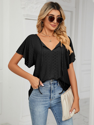 Women's Solid Color Flutter-sleeve Tie-neck Top