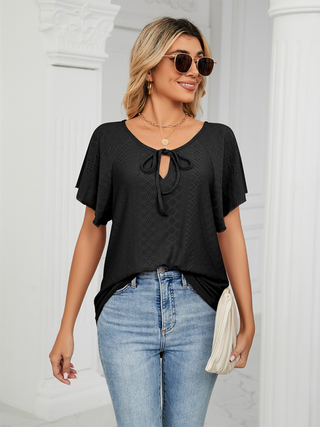 Women's Solid Color Flutter-sleeve Tie-neck Top