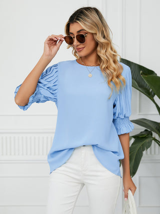 Women's Solid Color Puff-sleeve Crewneck Top