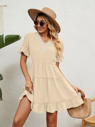 Women's Solid Color V-neck Fluttery Sleeves Ruffle Tiered Mini Dress