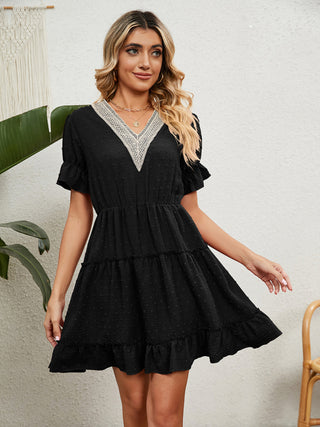 Women's Solid Color V-neck Fluttery Sleeves Ruffle Tiered Mini Dress