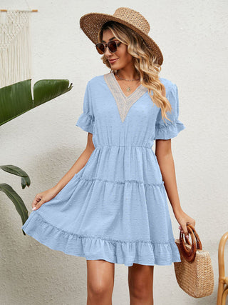 Women's Solid Color V-neck Fluttery Sleeves Ruffle Tiered Mini Dress