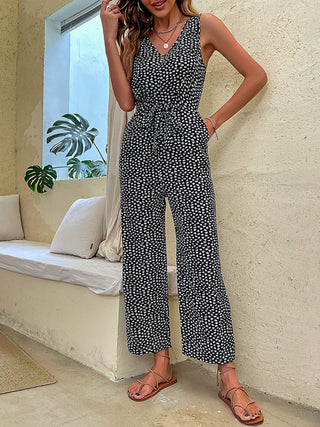 Women's V-neck Faux Animal-print Tie-front Sleeveless Jumpsuit
