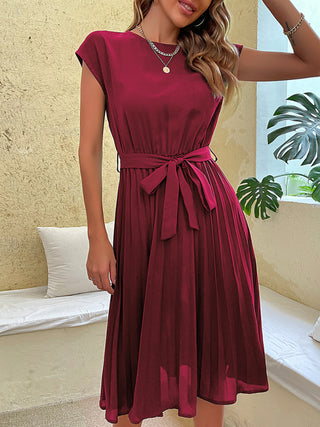 Women's Solid Color Short Sleeve Pleated Midi Dress