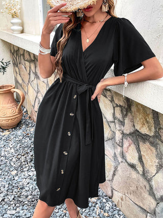 Women's Solid Color Surplice Faux Wrap Button-down Midi Dress