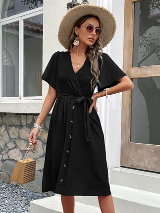 Women's Solid Color Surplice Faux Wrap Button-down Midi Dress
