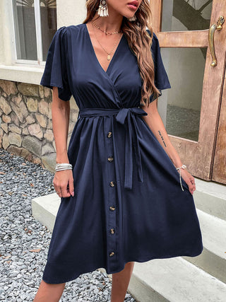 Women's Solid Color Surplice Faux Wrap Button-down Midi Dress