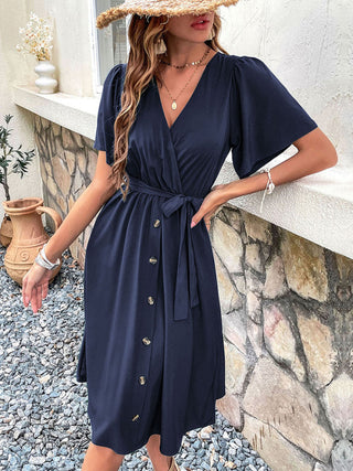 Women's Solid Color Surplice Faux Wrap Button-down Midi Dress