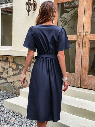 Women's Solid Color Surplice Faux Wrap Button-down Midi Dress