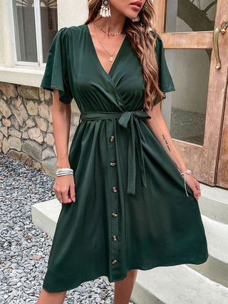 Women's Solid Color Surplice Faux Wrap Button-down Midi Dress
