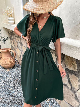 Women's Solid Color Surplice Faux Wrap Button-down Midi Dress