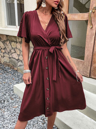 Women's Solid Color Surplice Faux Wrap Button-down Midi Dress