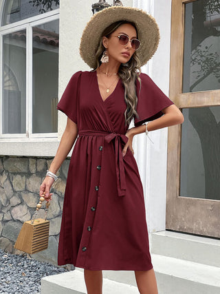 Women's Solid Color Surplice Faux Wrap Button-down Midi Dress