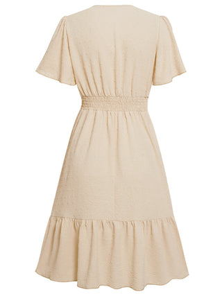 Women's Lace Stitching V-neck Solid Color Ruffle Sleeve Dress