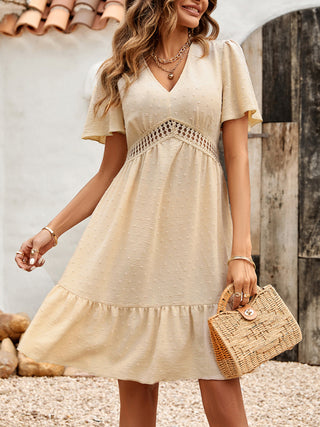 Women's Lace Stitching V-neck Solid Color Ruffle Sleeve Dress