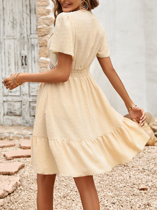 Women's Lace Stitching V-neck Solid Color Ruffle Sleeve Dress