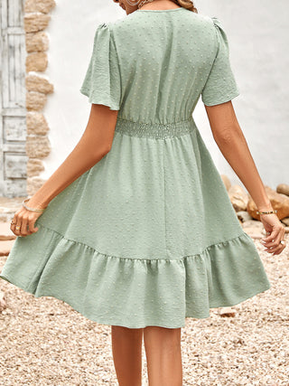 Women's Lace Stitching V-neck Solid Color Ruffle Sleeve Dress