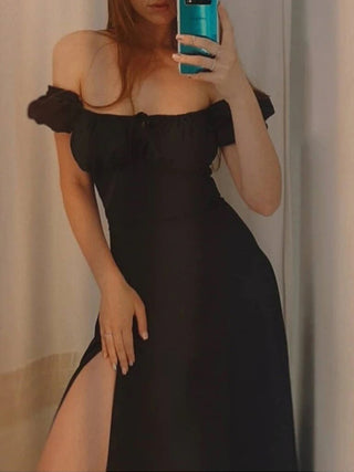 Women's Solid Color  Puff-sleeve Tie Neck Front Off-the-shoulder Satin Maxi Dress