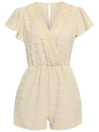 Women's solid color V-neck chiffon jacquard short-sleeved rompers