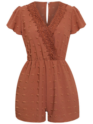 Women's solid color V-neck chiffon jacquard short-sleeved rompers